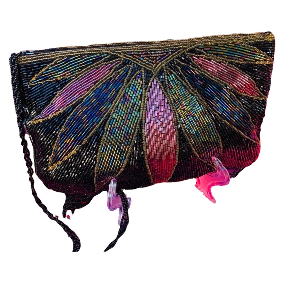 Vintage black colorful beaded evening bag peacock BOB Mackie style color